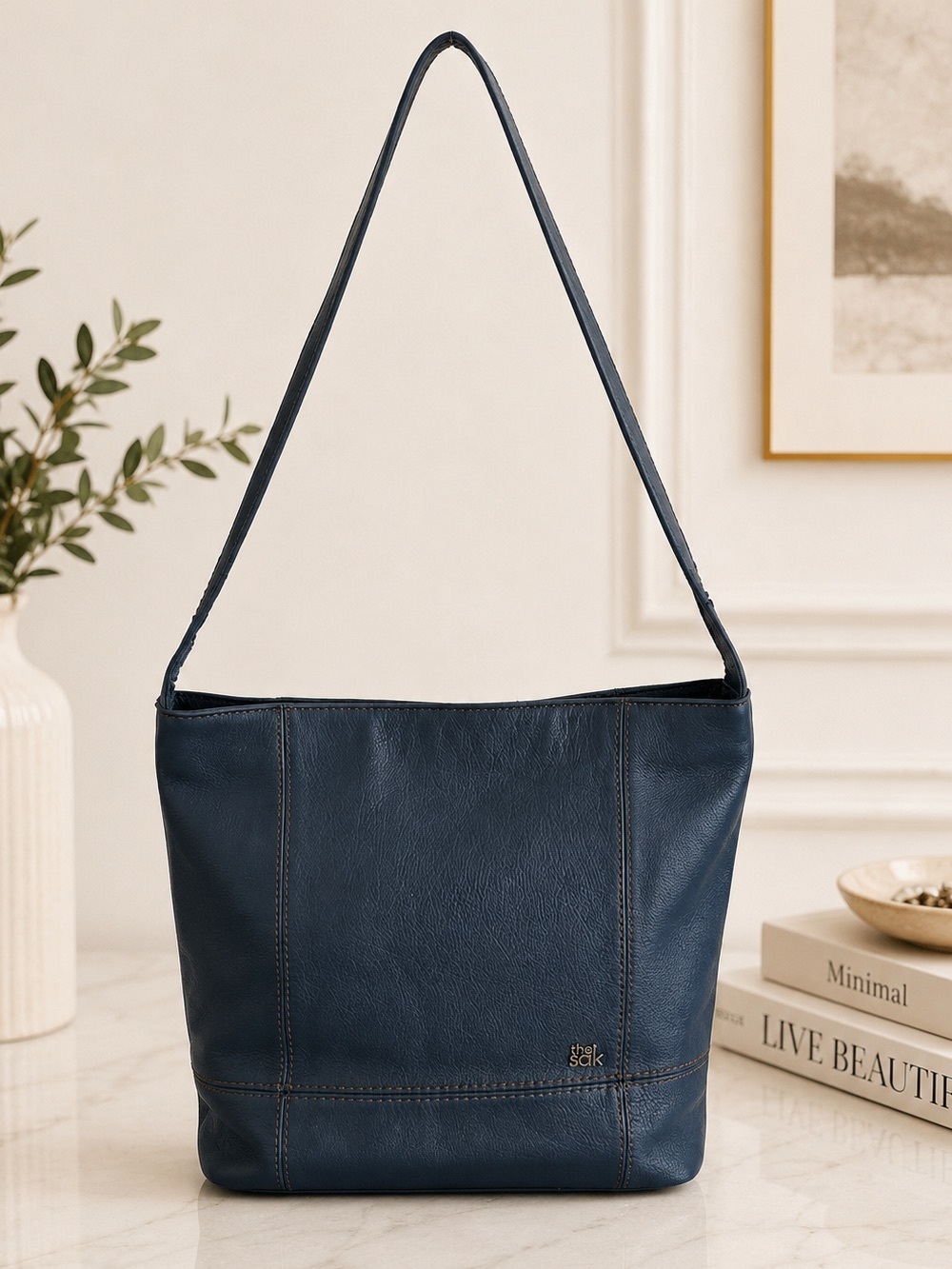 The Sak Blue Pebbled Leather Shoulder Tote Hobo Bag Everyday Work Purse